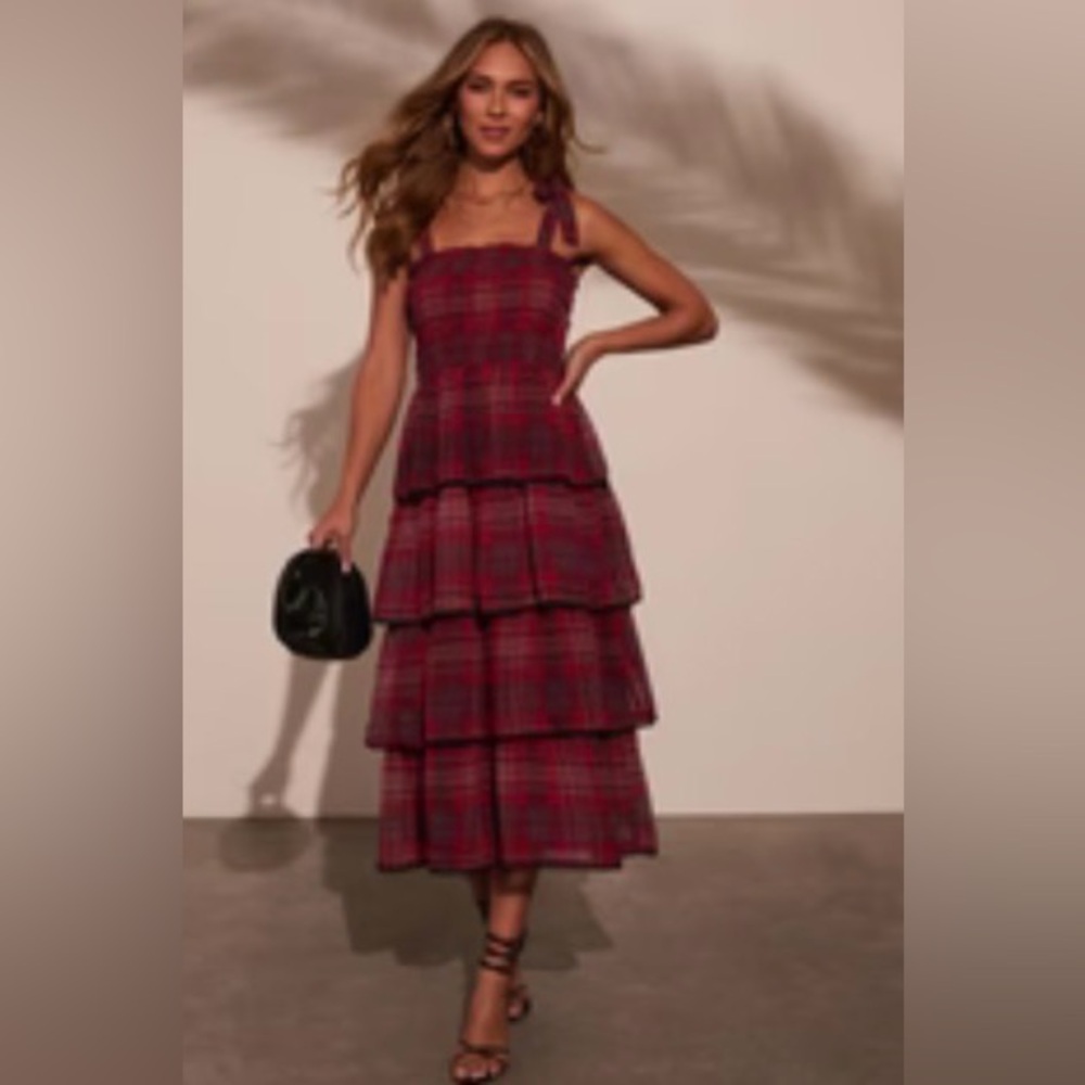 NWOT Vici Sway With Me Plaid Tiered Midi Dress